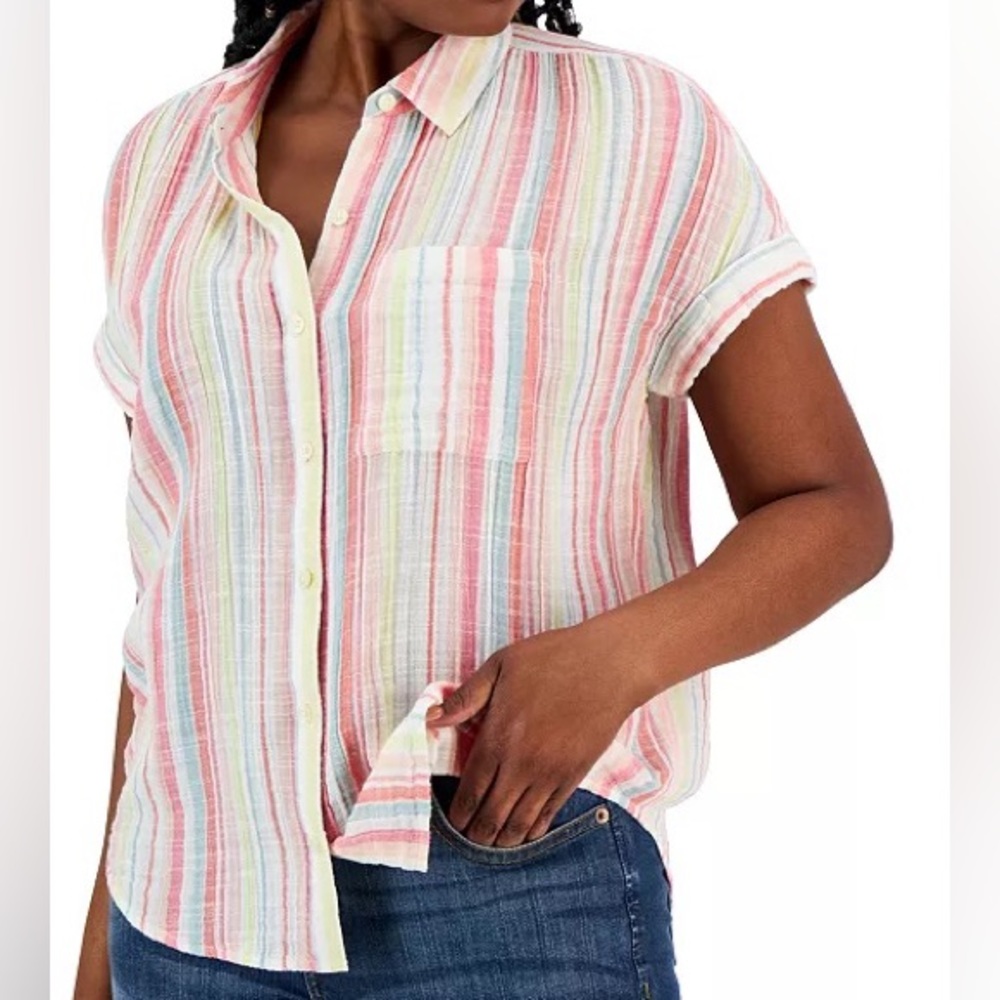 Cotton Button Up Rainbow Stripe Collared Short Sleeve Top